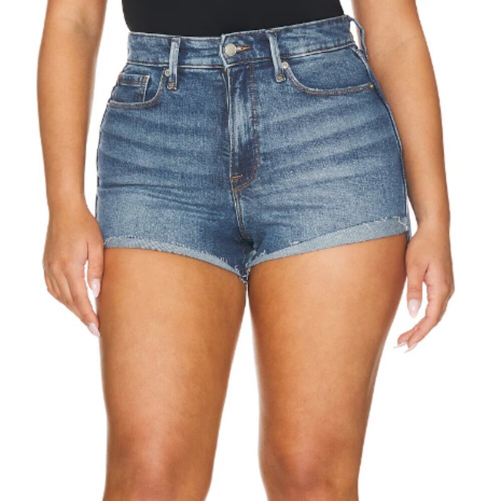 Good American Good 90s Distressed Raw Hem Denim Jean Shorts, Medium Wash, 15/34